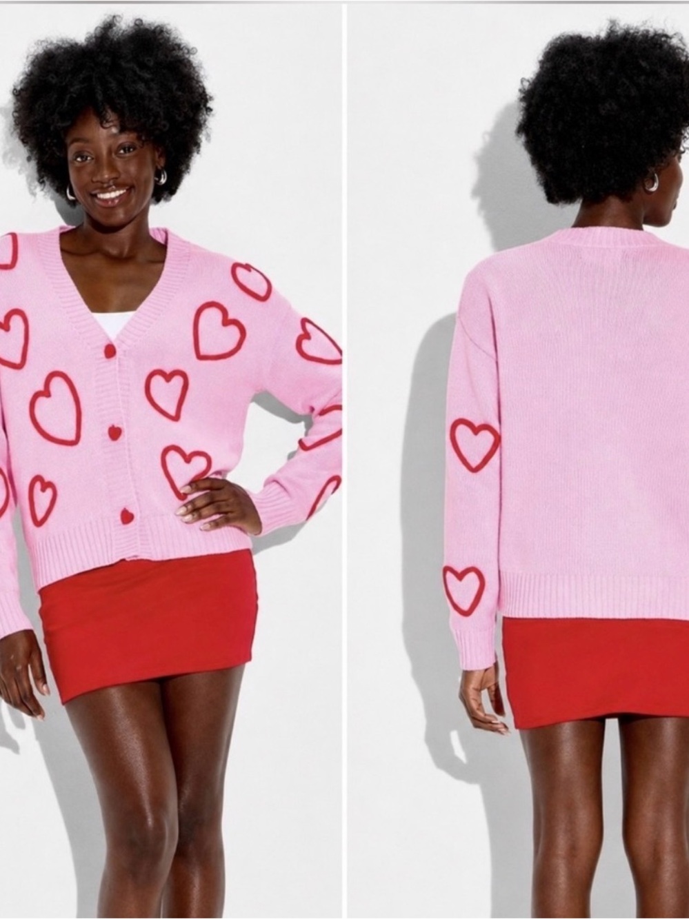 Women’s Hearts V-Neck Cardigan Sweater - Red Heart Accents